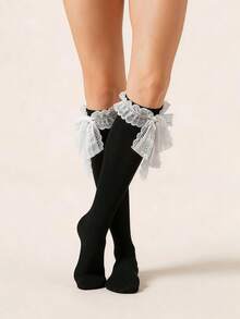 1 đôi tất nữ màu trắng ren xếp ly kiểu Lolita, dễ thương, đa năng, dài đến giữa bắp chân. - Nhiều màu - Xem 3