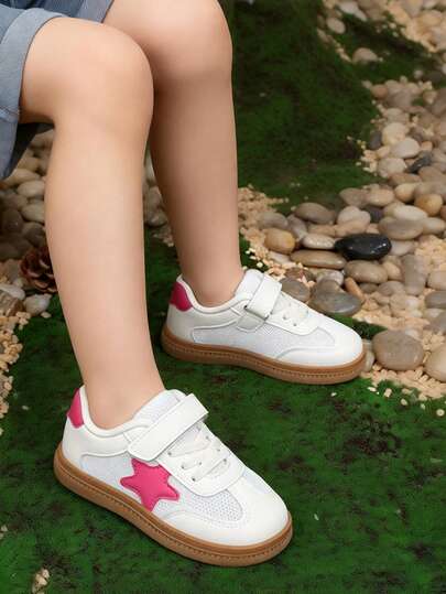 Kids Star Pattern Casual Sneakers, Spring/Autumn White & Pink Mesh Breathable Soft Sole Non-Slip Durable Outdoor Sports Shoes For Girls
