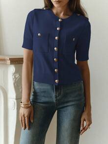 女款秋季優雅時尚針織短袖上衣，優雅純色圓領短袖開襟衫，日常通勤穿搭，極簡老錢風，女款街頭風 - 寶藍色 - 查看 4