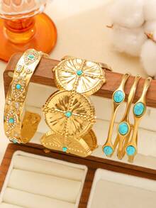 3pcs Vintage Luxury Wide Bangle Set Inlaid With Rhinestones & Faux Turquoise, Suitable For Women's Daily & Holiday Wear - Yellow Gold - View 2