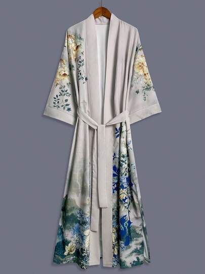 Japanese Style Floral Print Mid-Length Long Sleeve Kimono Cover Up Thin Outerwear For Women, Elegant Casual Coverup, Beach/Travel Robe, Loose Fit Belted Dressing Gown Vacation Spring