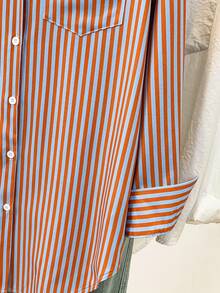 Blusa de mujer de manga larga con cuello puntiagudo y bolsillos con botones, a rayas, de estilo casual básico, adecuada para uso diario en la oficina, otoño/invierno/primavera - rayas azules y naranjas - Ver 5