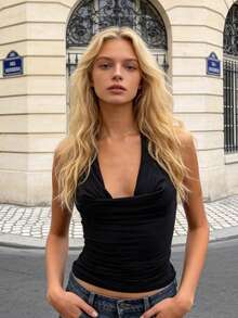 Womens Cowl Neck Halter Tops Summer Fashionable Solid Color Slim Fit Backless Going Out Vest - Black - View 7