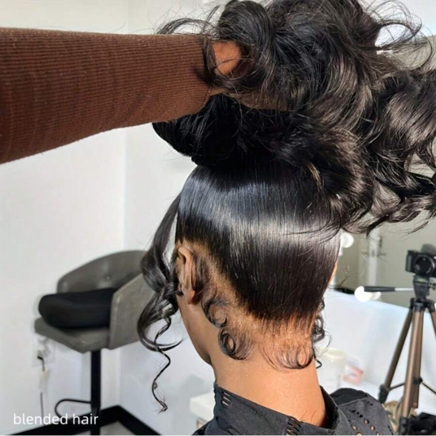 12英寸即戴即用免胶波波头假发，真人发混纺，自然波浪波波头，女士真人发混纺假发，13x4蕾丝前假发，真人发混纺，预先拔毛，预先剪裁，蕾丝，即戴即用，180%密度，自然黑 - 自然色&黑色系 - 查看 1