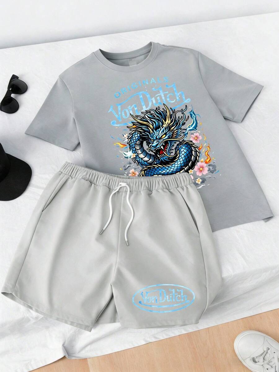 2pcs Men Creative Dragon Print T-Shirt & Shorts Set Vons Dutch Logo And Floral Design For Casual Wear Soft Fabric Breathable Print T-Shirt & Shorts Set - Grey - View 1