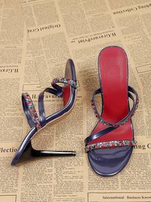 Giày sandal cao gót hở mũi đính đá lấp lánh thời trang dành cho nữ, sandal gót nhọn hở gót gợi cảm, thích hợp cho tiệc tùng, đám cưới, hộp đêm. - Màu xanh lam - Xem 3