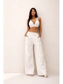 Women's Leather Cargo Set: Cropped Top, V-Neck Top, Wide Leg Premium Pants - 白色 - 查看 2