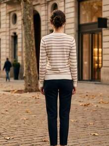 This Women's Striped Round-Neck Blouse Is Made Of Modal Fabric. - White and Khaki - View 2