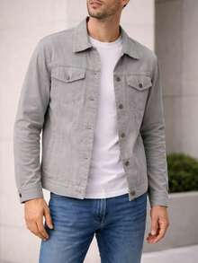 Men's Light Gray Denim Jacket With Iron Button Closure - Light Grey - View 4