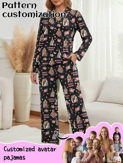 Customized Women's Long Sleeve Pajama Set, Can Print Any Pattern, Personalized Pajamas With Photos, Comfortable Sleepwear With Customized Funny Images. Suitable For Mother's Day, Birthday, Gifts, Personalized, Colorful, Cute, Witty, Unique, Exclusive, Ideal Girlfriend Gift, Suitable For Girlfriend, Family, Friends, Elders, Fashionable For Autumn, Party Occasions