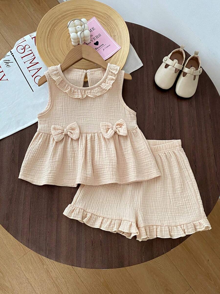 2pcs/Set Girls Cute Toddler Peter Pan Collar Bow Casual Top And Shorts Set, Summer - Apricot - View 1