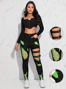 STLY 新款秋冬弹力腰紧身裤，高腰设计，撞色拼接，双层腰带装饰，时尚街头朋克摇滚都市风不对称做旧牛仔裤，黑色水洗牛仔休闲春季款 - 黑色 - 查看 1