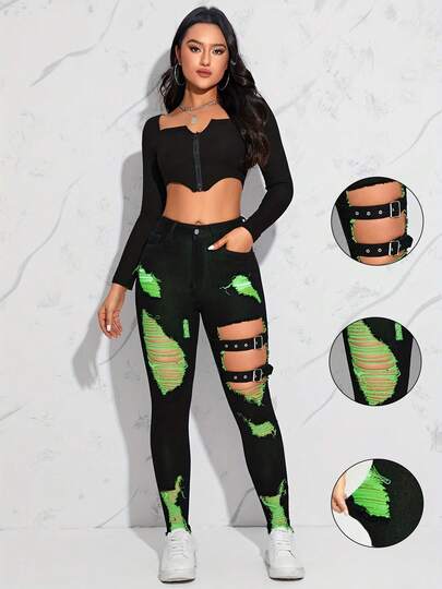 STLY New Autumn/Winter Elastic Waist Skinny Fit Pants, High Waist Design, Contrast Color Panels, Double Waistband Decor, Fashionable High Street Punk Rock City Style Asymmetrical Distressed Jeans, Black Washed Denim Casual Spring