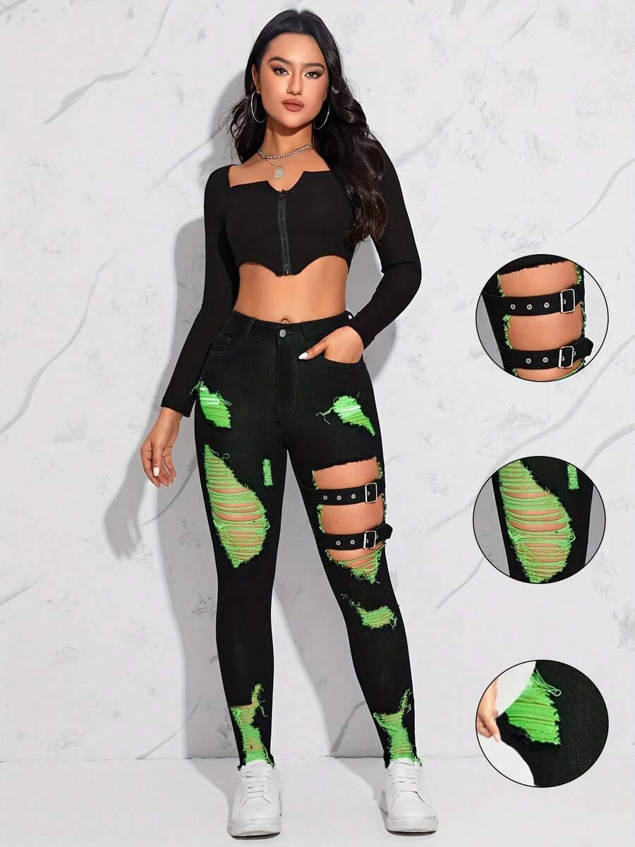 STLY 新款秋冬弹力腰紧身裤，高腰设计，撞色拼接，双层腰带装饰，时尚街头朋克摇滚都市风不对称做旧牛仔裤，黑色水洗牛仔休闲春季款 - 黑色 - 查看 1