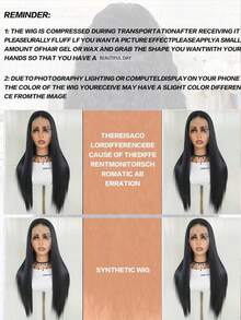 Peluca de encaje frontal elegante de 28 pulgadas de color negro natural, fibra sintética resistente al calor con una densidad del 200%, peluca de encaje completo liso y sin pegamento, adecuada para todos - Multicolor - Ver 10