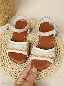 夏季新款女童彩虹编织露趾凉鞋，波西米亚风金属扣防滑沙滩鞋 - 米色 - 查看 2
