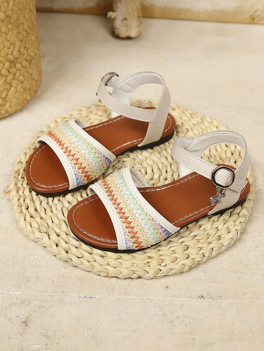 夏季新款女童彩虹编织露趾凉鞋，波西米亚风金属扣防滑沙滩鞋 - 米色 - 查看 1