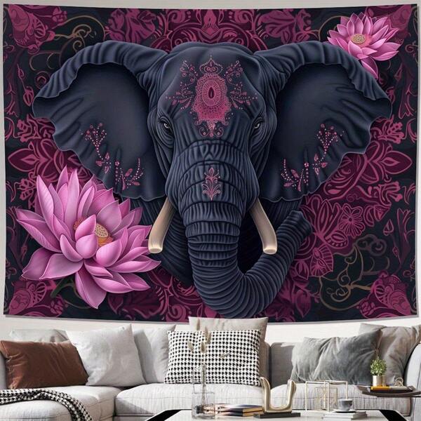 Retro Style Pink Lotus & Elephant Tapestry, Polyester Wall Hanging Decor For Living Room, Bedroom, Office