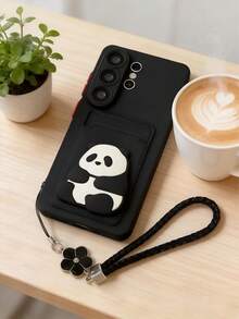 Panda 1pc Cute Panda With Lucky Clover Bracelet, TPU Soft Contrast Color 1mm Thick Card Holder Phone Case Compatible With Apple 17Pro Max /16 /15 /14 /13 /12 /11 Pro Max Plus/ A05s A06 AA35 A36 A54 A55 A56 A16 A15 A14 A13 A12 S20FE S21 S21FE S22 S22Ultra S23 S23Ultra S24 S24Ultra S25 S25Ultra S26 S26Ultra - Black - View 3