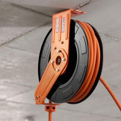 Bobina de manguera de aire retráctil, manguera de aire de goma de 1/2 pulgadas x 50 pies Max 300PSI, bobina de mangueras de compresor de aire de rebobinado automático con plomo de 5 pies, montaje en techo / pared para talleres de garaje