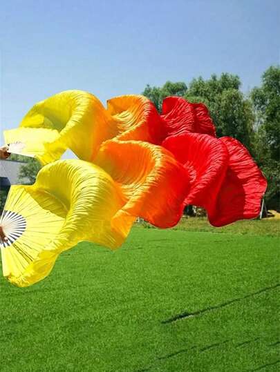 Handmade Dyed Bamboo Long Fan, Silk Belly Dance Fan, Suitable For Stage Performance, Dance Festival, Party, Sports Props