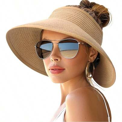 1 chiếc mũ chống nắng nữ, vành rộng, thiết kế cuộn tròn, thích hợp cho bãi biển, phù hợp với kiểu tóc đuôi ngựa, có thể gấp gọn, lý tưởng cho du lịch.