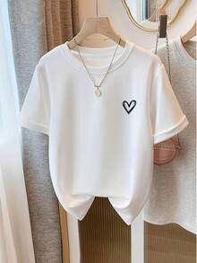 1 Piece Spring/Summer Simple Round-Neck Fashion Loose Versatile Casual Short-Sleeve T-Shirt Women's Top With Printed Pattern New Arrivals 100% Cotton Mother's Day Gift - trắng - Xem 8