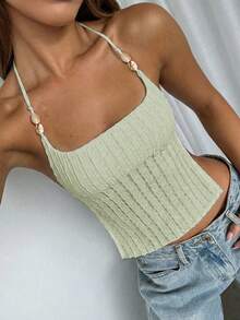 Vaiaye Women's Casual Solid Color Fitted Camisole With Shell Decor, Jacquard Texture Camisole, Suitable For Beach, St. Patrick's Day, And Commuting To Work Summer - Green - View 8