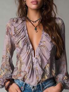 Vintage French Vacation Style Elegant Chiffon Allover Print Deep V-Neck Zipper Ruffle Sleeve Women Blouse Summer - Light Purple - View 8