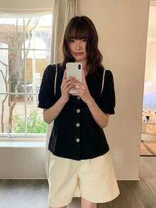 Black V-Neck Spring/Summer Short-Sleeved Loose-Fitting Front-Button Casual Women's Shirt - Black - View 8