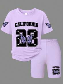 2pcs/Set "23" & Purple Butterfly Print T-Shirt And Shorts Set, Spring/Summer New Arrival Girls Outfit - Apricot - View 2