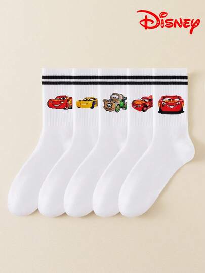  1/5 pares de calcetines Disney, calcetines tipo tripulación unisex con estampado de autos, estilo deportivo a rayas blanco y negro, diseño de dibujos animados único y lindo, resistente a los olores y que absorbe la humedad, calcetines tobilleros casuales, adecuados para estudiantes y adultos, uso diario y regalo