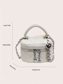 New Fashion Classic Multifunctional Waterproof PU Material, Diamond Quilted Pattern Handbag, Lightweight And Easy To Carry, Zipper Closure Design, Heart-Shaped Zipper Decor Crossbody Round Box Bag, Coin Purse, Suitable For Shopping, Travel, Commuting - White - View 5