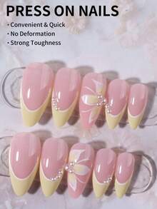 24pcs Long Almond Flower Pattern French Manicure Nail Stickers, With Pearl Decor Design, Suitable For Acrylic Fake Nails, Includes 1 Gel Polish And 1 Nail File, For Women Daily, Holiday, Party - Multicolor - View 2