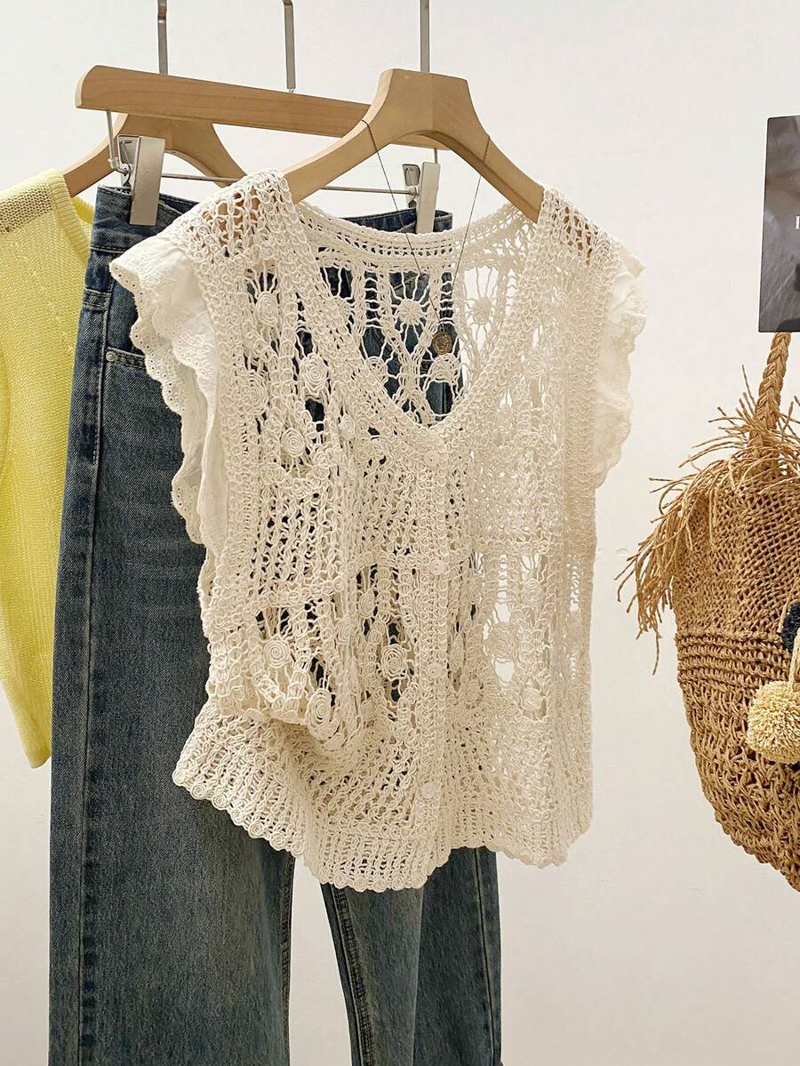 Áo khoác không tay ren móc khoét rỗng, cổ chữ V, viền ren, thích hợp cho mùa hè. - Màu be - Xem 1