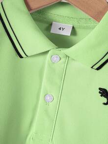 Young Boy Striped Print Contrast Trim Short Sleeve Polo Shirt - Green - View 4