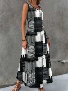 大码女士无袖印花长裙，适合度假、休闲、日常穿着，春夏百搭，带口袋和肩带，优雅大方。 - 深灰色 - 查看 3