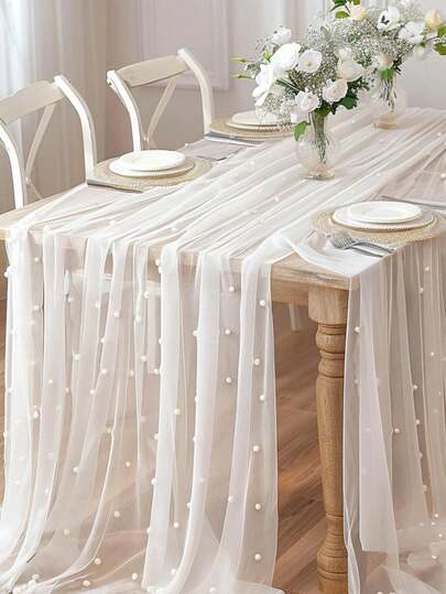 珍珠装饰桌旗，白色仿珍珠薄纱婚礼桌布，婚礼拱门装饰，婚礼/新娘送礼会装饰，派对装饰，椅套，活动背景装饰，圣诞装饰，尼龙网，新款珍珠镂空网纱，情人节装饰