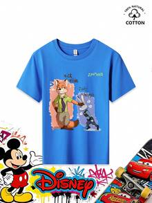 Disney Nick Wilde's Big Tail Print Crew Neck T-Shirt For Boys Aged 4-12, Summer, Pure Cotton Short Sleeve. The Front Features A Clearly Defined Orange Fox Tail And Tie Detail, Echoing Other Adventure Elements And Becoming A Visual Highlight. Small-Sized Prints Continue The Theme, Making The Overall Design More Distinctive. Can Be Paired With Cargo Pants, Joggers, Denim Shorts, Or Athletic Leggings. Suitable For Animal-Themed Parties, Everyday Wear, School, Birthday Parties, And Outdoor Adventures. Sweat-Wicking, Breathable, Durable Cartoon IP Top, Suitable For Boys Aged 4 To 12 For Various Occasions. - Royal Blue - View 2