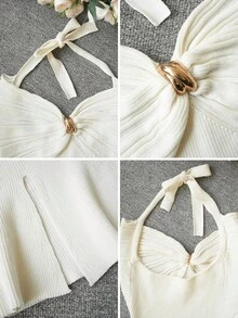 2026 Spring/Summer New Sexy Metal Buckle Twist Halter Neck Knit Camisole Top, Slim Fit Revealing Slit Casual Versatile Layering Undershirt For Girls & Young Ladies - Apricot - View 9