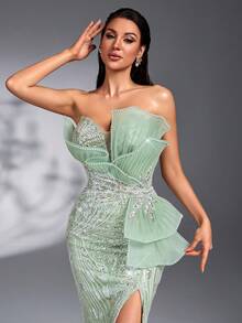 IBTRLY High-End Elegant Luxury Beaded & Sequin Fabric Dress, Handmade Positioned 3D Design, Beaded Embellishment, High Slit To Thigh Fall Wedding Party - Green - View 9
