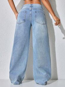 Low-Waist Wide-Leg Casual Blue Jeans With Slant Pockets & Beaded Embellishment Spring - Baby Blue - View 3