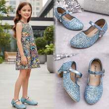 1 Đôi Giày Cao Gót Lấp Lánh Thời Trang Cho Bé Gái, Giày Biểu Diễn Khiêu Vũ Mũi Tròn Đế Bằng, Giày Công Chúa, Hàng Mới Về - Màu xanh lam - Xem 2