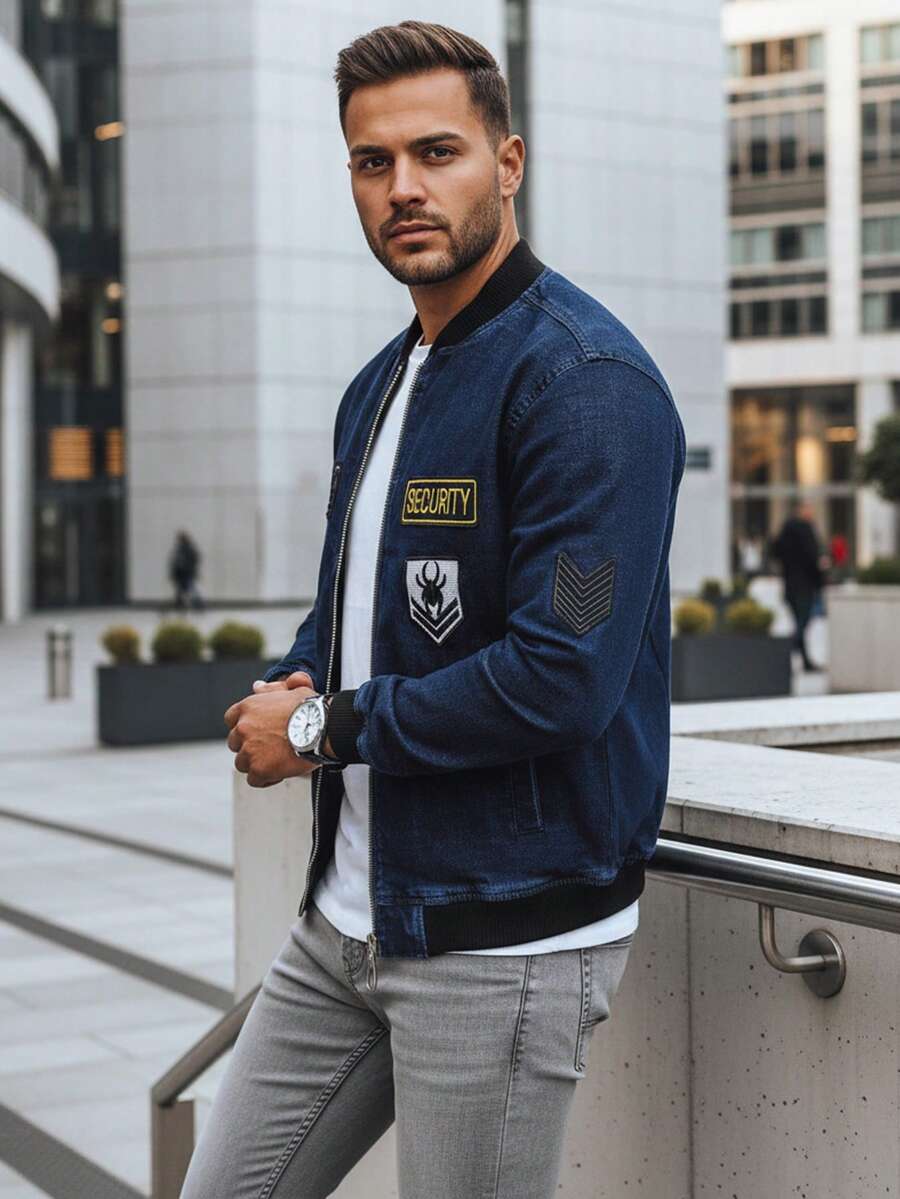 Men's Hoodless Bomber Jacket With Zip Closure, Patches And Wear Marks, Drawstring Closure, Exterior Pockets, Slim Fit, And Detailed Trim On The Sleeves And Placket. - Blue - View 1