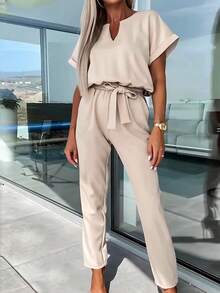 女士两件套休闲V领短袖上衣搭配松紧腰长裤，优雅商务休闲装，配腰带 - 米色 - 查看 4