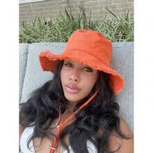 1pc Women's Drawstring Trim Bucket Hat, Adjustable Chin Strap Design, Distressed Finish, Soft Fabric, Sun Protection, Windproof, Fashionable, Suitable For Travel, Beach, Vacation, Casual Daily Use - 彩色 - 查看 12