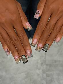 10 piezas Conjunto de uñas postizas con pico de pato estilo Y2K - Hechas a mano, uñas rosas, uñas negras, uñas con puntas francesas verdes, uñas con flores negras dibujadas a mano y ramas de flores negras, arte de uñas con flores negras, uñas dibujadas a mano, decoración con piedras de imitación doradas y flores doradas - Multicolor - Ver 5