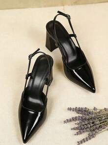 1 Pair Plus Size Teenager Girls' High Heel Sandals, Shiny Mirror PU Material, Pointed Toe Chunky Heel, Ankle Strap Metal Buckle Design, Fashionable Elegant Princess Style Platform Sandals, Suitable For Casual, Holiday, Party, Street, Office Wear, Spring/Summer New Arrival - Black - View 1