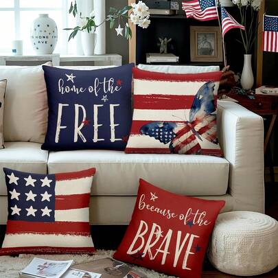 4 PIEZAS Funda de almohada patriótica del 4 de julio, Funda de almohada del Día de la Independencia, Hogar libre por el valor, Funda de almohada de decoración del hogar con bandera estadounidense roja y azul, Adecuada para sofá, Una sola cara sin relleno de almohada