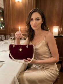 Gucci 1个双提手迷你酒红色丝绒单肩包 - 奢华优雅风格，饰有蜜蜂图案和珍珠链条，长方形，适合婚礼和派对的多功能晚宴包 - 紅色 - 查看 7